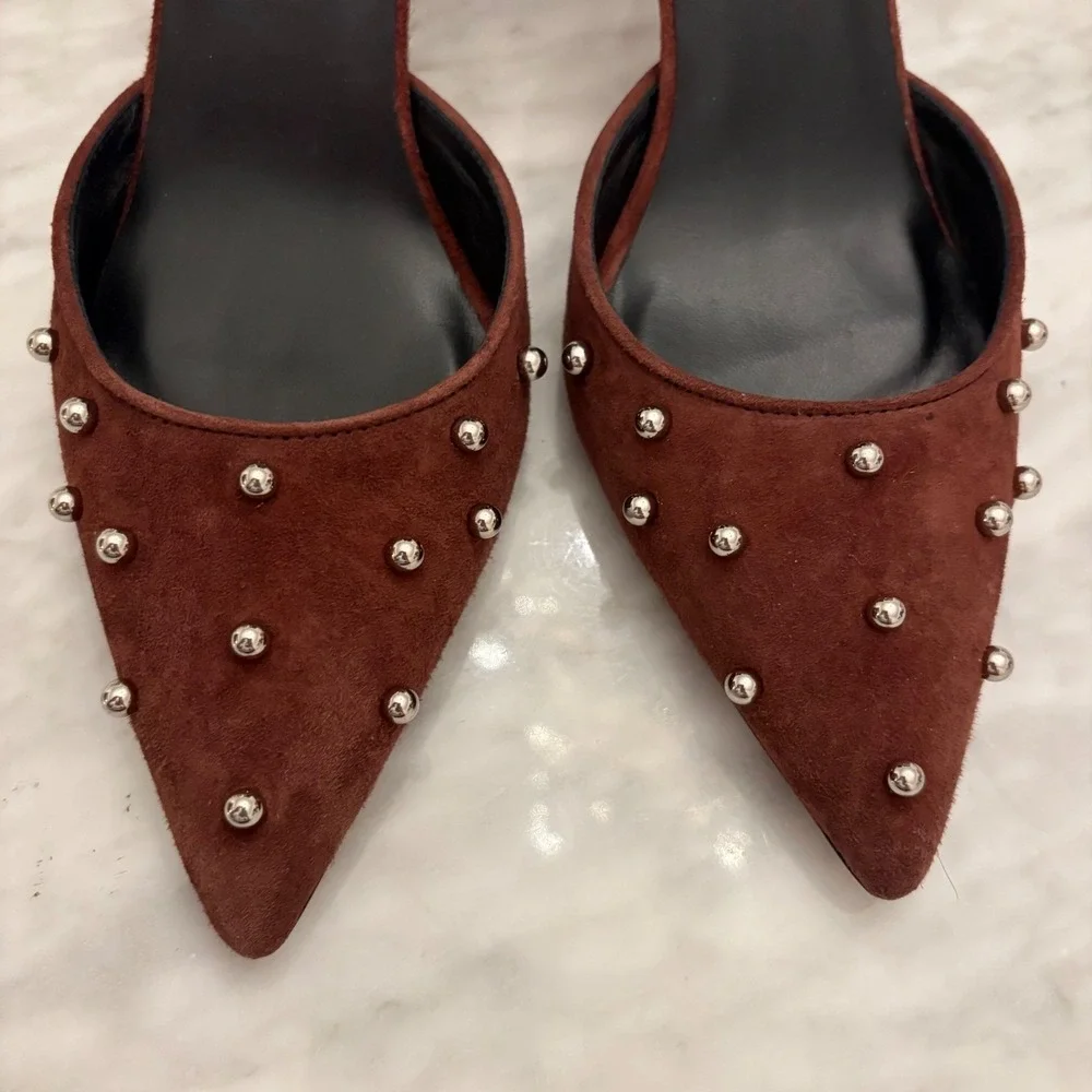 J. Crew Colette Burgundy‎ Italian Suede Studded Slingback Heels Size 10M NWT